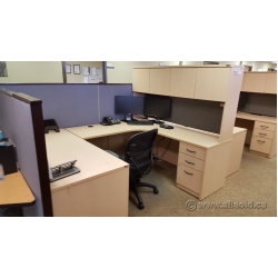 Blonde 4 Piece C / U Suite Desk with Overhead Storage